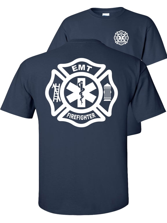 Firefighter EMT T-Shirt Fire/EMT Graphic Tee-Navy-L