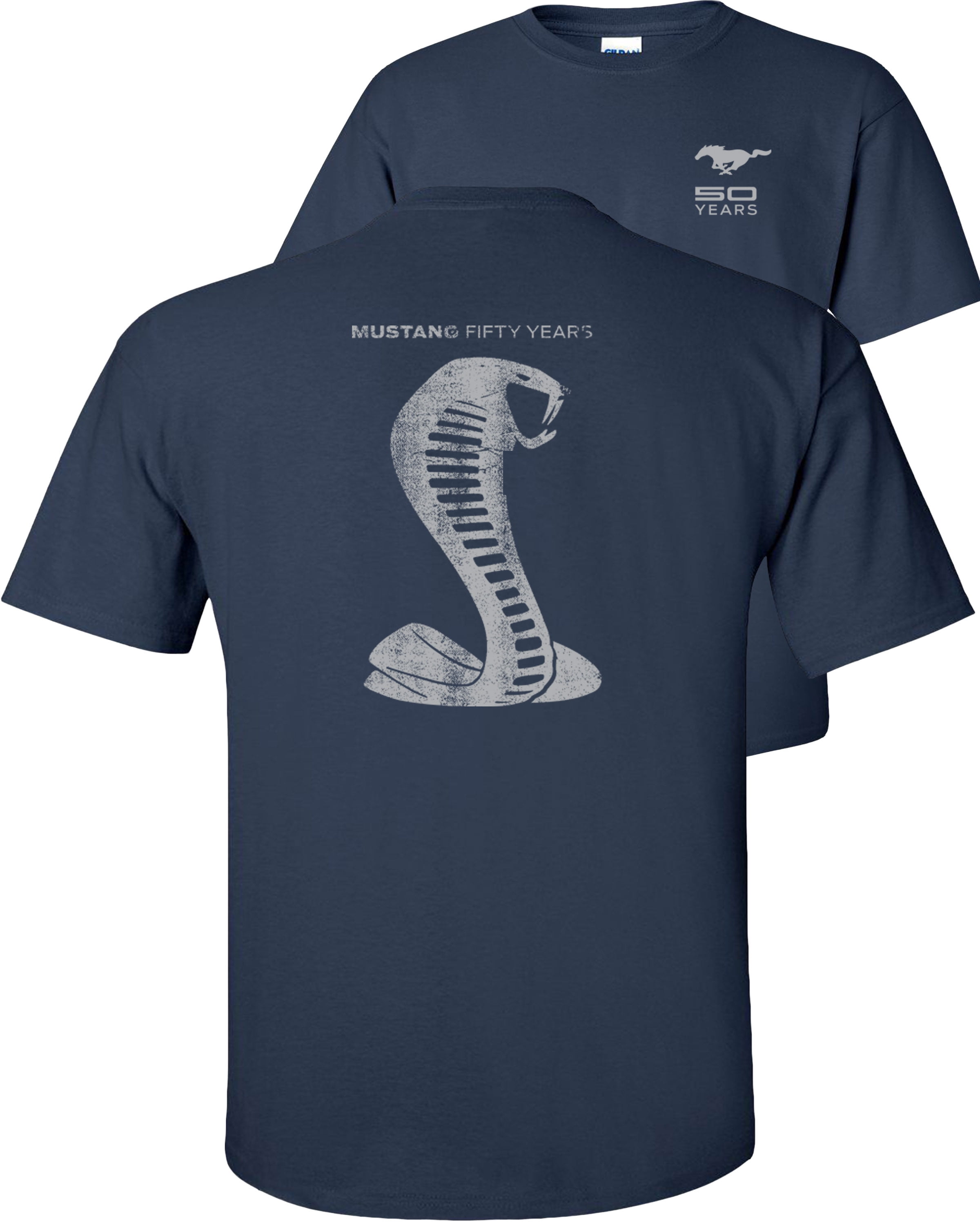 Fair Game Ford Mustang 50 Years T-Shirt Anniversary Grey Shelby Cobra Snake Silhouette-Navy-L