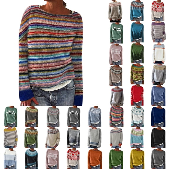 Fair Isle Argyle Knit Pullover Sweaters for Women Oversized Crewneck Long Sleeve Boho Graphic Sweater Tops Yellow 2XL