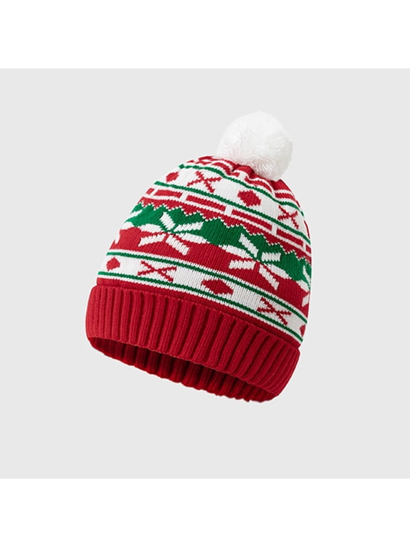 Fair Isle Beanie For Women Red Knit Christmas Hat Snowflake Winter Hats