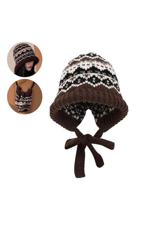 Fair Isle Beanie Hats for Women Men,Y2k Knit Beanie Hat with Tie-Up,Windproof Ear Flaps Crochet Trapper,Outdoor Wear