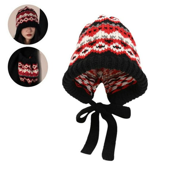 Fair Isle Beanie Hats for Women Men,Y2k Knit Beanie Hat with Tie-Up,Windproof Ear Flaps Crochet Trapper,Outdoor Wear