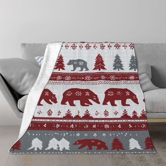 Fair Isle Bear Throw Blanket, Faux Sweater Knit Print, Soft Flannel Fleece, Winter-Inspired Home Decor 50x40