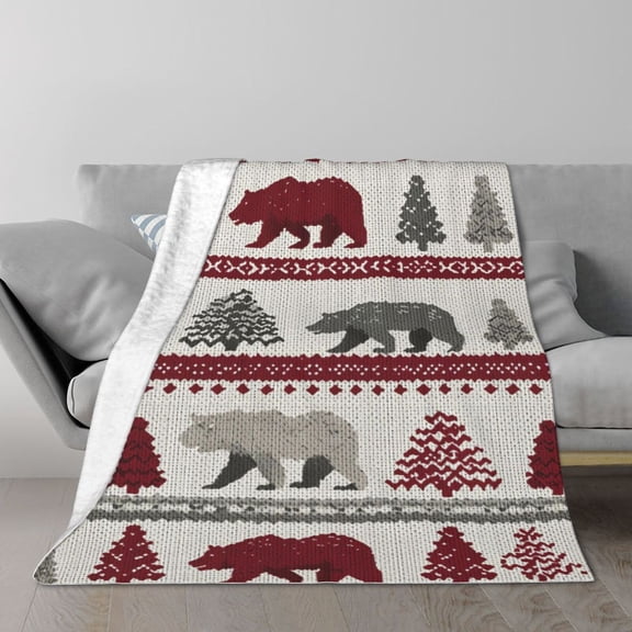 Fair Isle Bear Throw Blanket, Faux Sweater Knit Print, Soft Flannel Fleece, Winter-Inspired Home Decor 50x40