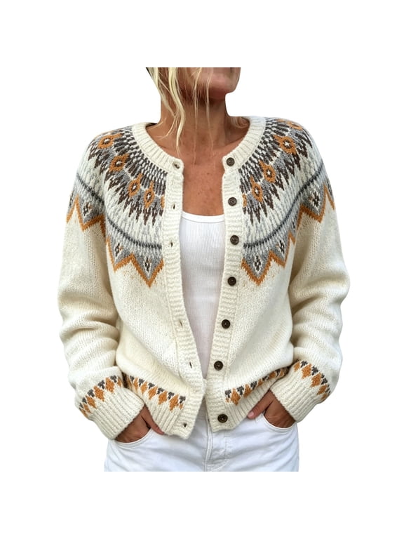Fair Isle Button Down Knit Sweater Cardigans Women, Crewneck Long Sleeve Cardigans Interview Outfits Soft Dressy Cardigan Fashion Clothing Chic Tops Cute Sweaters Fall Outfits,Orange,M