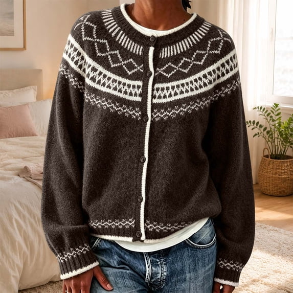 Fair Isle Cardigan Sweater Women Open Fornt Button Down Long Sleeve Vintage Knit Coat Top Fall Winter Outfits Women's Christmas Sweaters(01_Bronze,L)