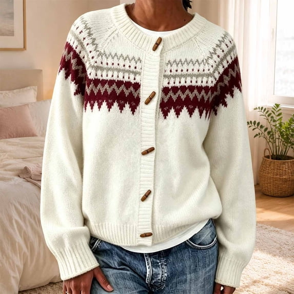 Fair Isle Cardigan Sweater Women Open Fornt Button Down Long Sleeve Vintage Knit Coat Top Fall Winter Outfits Women's Christmas Sweaters(17_White,XL)