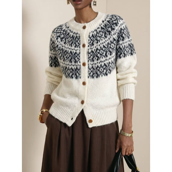 Fair Isle Cardigan Sweater Women Open Fornt Button Down Long Sleeve Vintage Knit Coat Top Fall Winter Outfits Women's Christmas Sweaters(25_White,S)