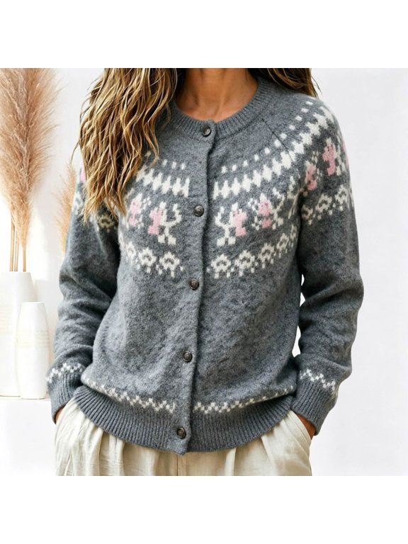 Fair Isle Cardigan Sweater Women Open Fornt Button Down Long Sleeve Vintage Knit Coat Top Fall Winter Outfits Women's Christmas Sweaters(27_Grey,S)