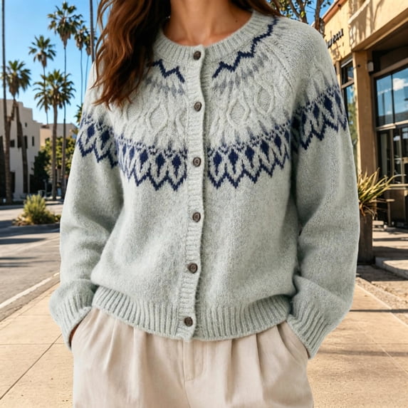 Fair Isle Cardigan Sweater Women Open Fornt Button Down Long Sleeve Vintage Knit Coat Top Fall Winter Outfits Women's Christmas Sweaters(32_Grey,XL)