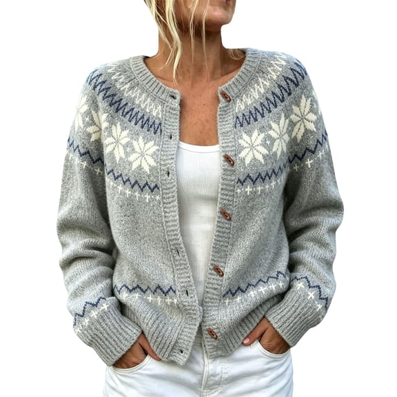 Fair Isle Cardigan Sweaters For Women Knit Workout Sweaters For Women Knit Outerwear Fall Knit Jacket Casual Tops Crew Neck Open Front Button up Fall Winter Clothes Graphic Sweater,Dark Gray,2XL