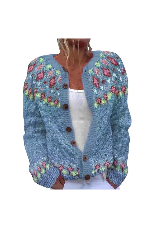 Fair Isle Cardigan Sweaters for Women Crew Neck Loose Fit Button Up Chunky Sweater Open Front Casual Fall Knit Jacket