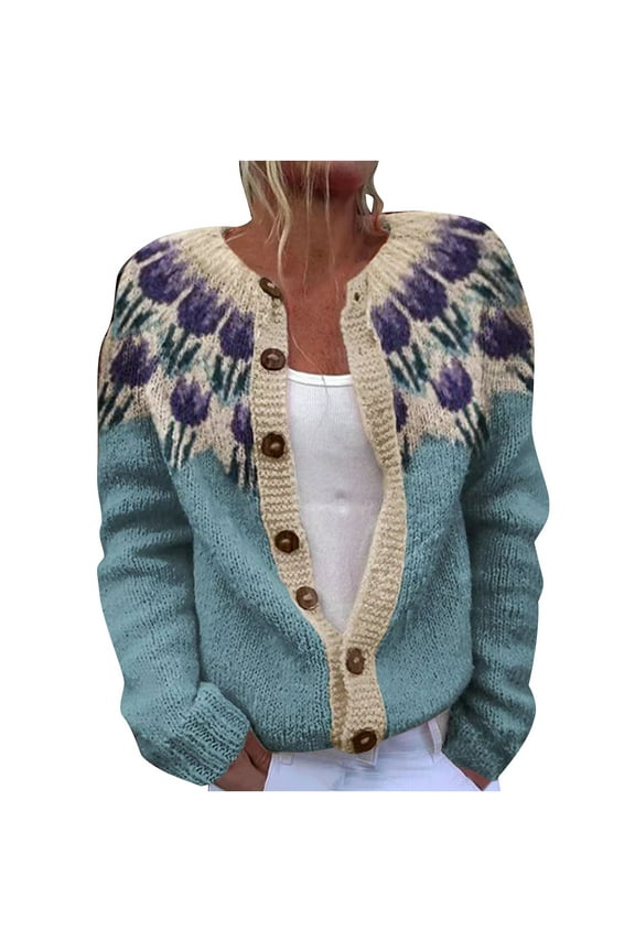 Fair Isle Cardigan Sweaters for Women Crew Neck Loose Fit Button Up Chunky Sweater Open Front Casual Fall Knit Jacket