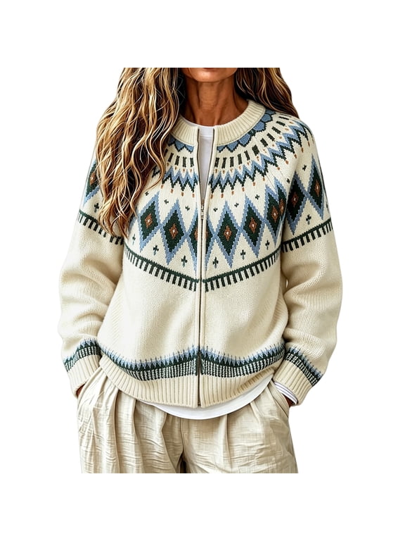 Fair Isle Cardigan Women Funky Cardigan Western Sweaters for Women Ribbed Knit Cardigan Floral Sweaters for Women Long Sleeve Open Button Down Sweaters Cowgirl Cardigan Retro Sweater,Beige,M