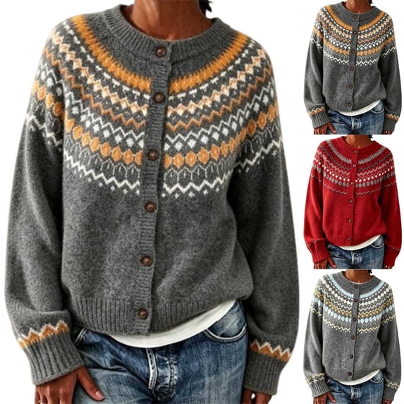 Fair Isle Cardigan for Women, Jacquard Knit Button Down Crewneck Long Sleeve, Fall Vintage Casual Soft Sweater S-3XL