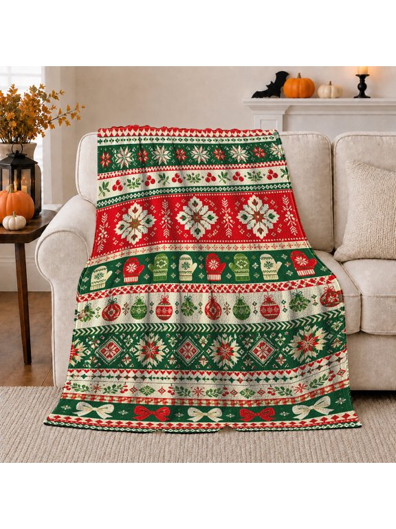 Fair Isle Christmas Bands with Mittens Ornaments Snowflakes Berries and Ribbon Bows, Red Green Nordic Art Cozy Flannel Blanket, Christmas Gift for Family Room Home Decor