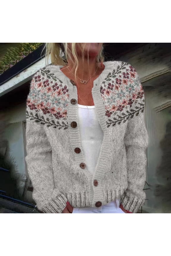 Fair Isle Color Blocking Cardigan Sweaters For Women R-Neck Loose Fit Button Up Chunky Sweater Open Front Casual Fall Knit Jacket Beige S