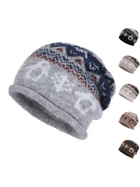 Fair Isle Knit Beanie Hat Fuzzy Lined Winter Warm Cuffed Cap Vintage Pattern Knitted Toque for Women Fall Winter
