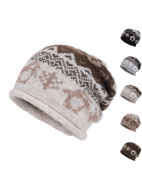 Fair Isle Knit Beanie Hat Fuzzy Lined Winter Warm Cuffed Cap Vintage Pattern Knitted Toque for Women Fall Winter