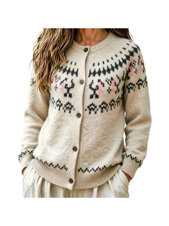 Fair Isle Knit Cardigans Women Vintange Button Down Sweaters Oversized Round Neck Long Sleeve Coats Fall Winter Trendy Outerwear Outfits