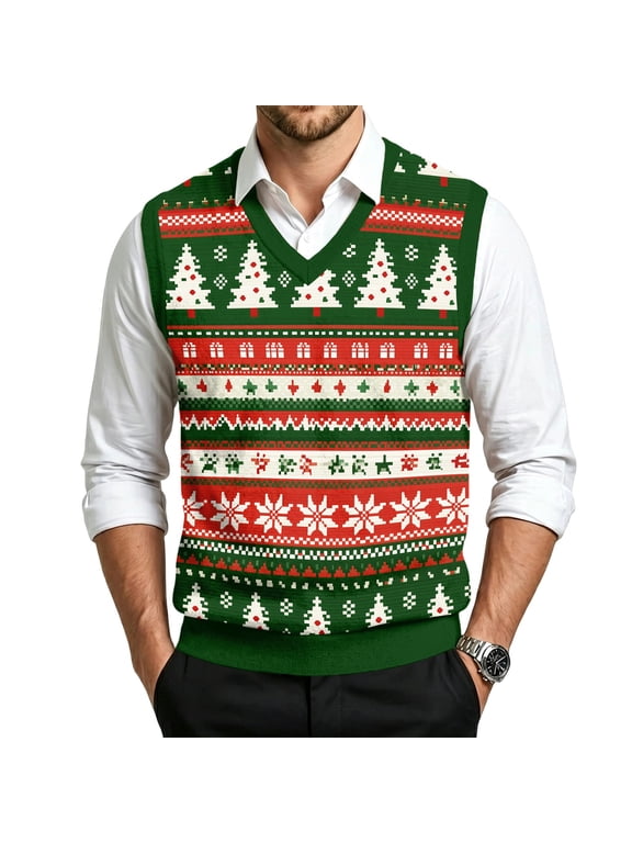 Fair Isle Knit Sweater Vest for Men Soft Wool Blend V Neck Knitted Sweater Vest Christmas Style Slim Fit Business Casual Tops