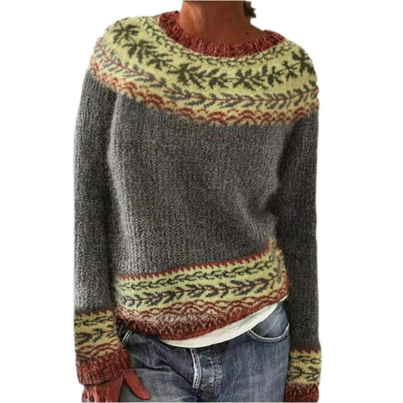 Fair Isle Knitted Sweater Casual Vintage Boho Long Sleeve Crewneck Lightweight Pullover Top for Fall WinterDark Gray L