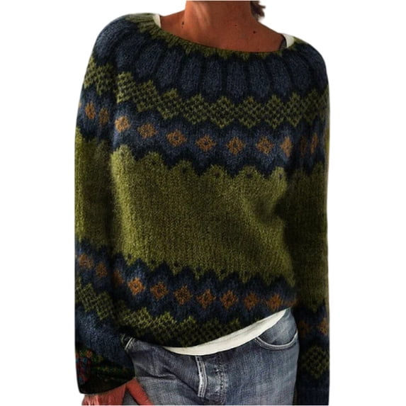 Fair Isle Knitted Sweater Casual Vintage Boho Long Sleeve Crewneck Lightweight Pullover Top for Fall WinterLight Green M