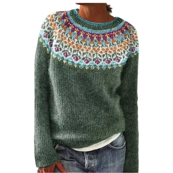 Fair Isle Knitted Sweater Casual Vintage Boho Long Sleeve Crewneck Lightweight Pullover Top for Fall WinterMint Green XL