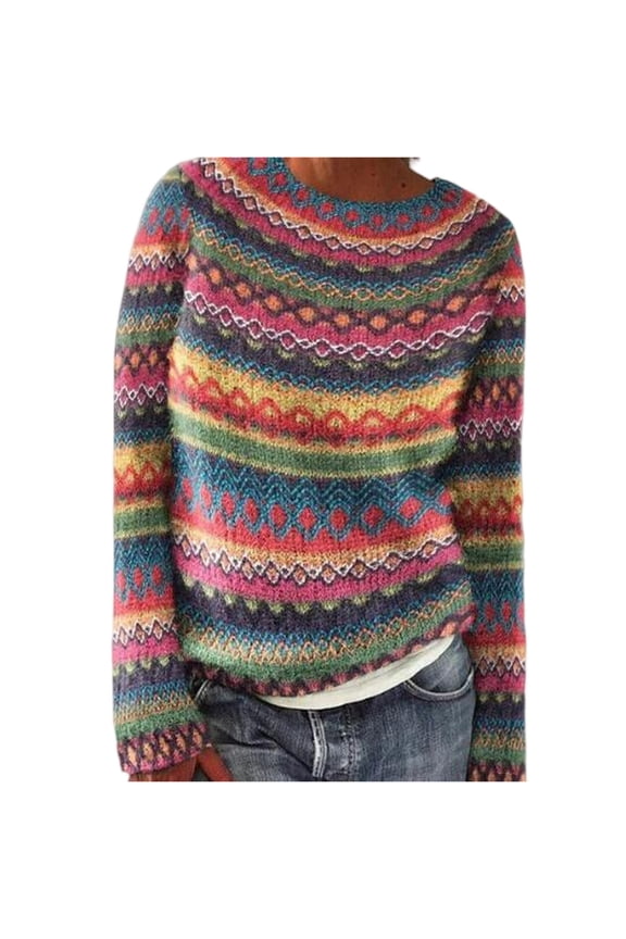 Fair Isle Knitted Sweater Casual Vintage Boho Long Sleeve Crewneck Lightweight Pullover Top for Fall WinterYellow L