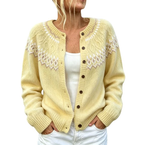 Fair Isle Knitted Sweaters For Women Vintage Sweaters For Women Crew Neck Loose Fit Fall Knit Jacket Knit Open Front Knit Outerwear Fall Winter Clothes Fall Outfits For Women,Yellow,XL