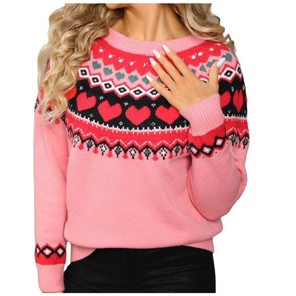 Fair Isle Pullover Sweaters for Women Long Sleeve Crew Neck Loose Casual Knitted Sweater Pink M