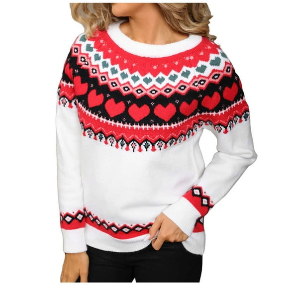 Fair Isle Pullover Sweaters for Women Long Sleeve Crew Neck Loose Casual Knitted Sweater White L
