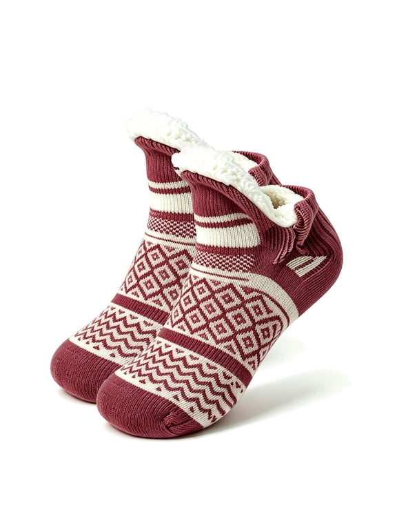 Fair Isle Slipper Socks for Women, Winter Thick Warm Non Slip Thermal Fuzzy Indoor Floor House Socks, S-XL