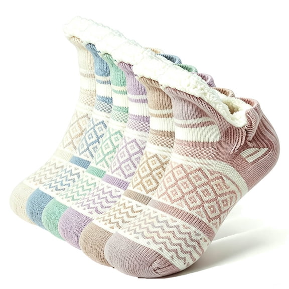 Fair Isle Slipper Socks for Women, Winter Thick Warm Non Slip Thermal Fuzzy Indoor Floor House Socks, S-XL