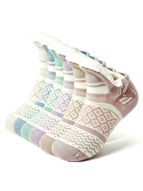 Fair Isle Slipper Socks for Women, Winter Thick Warm Non Slip Thermal Fuzzy Indoor Floor House Socks, S-XL
