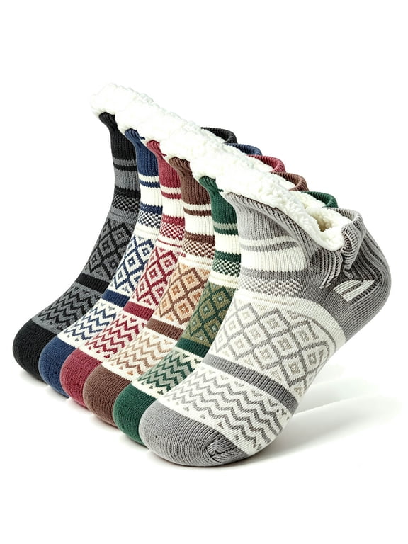 Fair Isle Slipper Socks for Women, Winter Thick Warm Non Slip Thermal Fuzzy Indoor Floor House Socks, S-XL