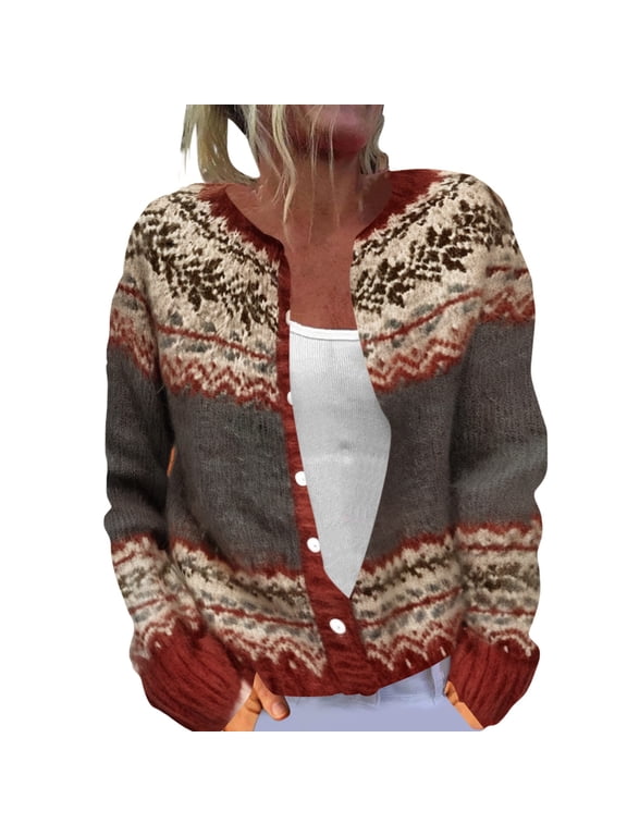 Fair Isle Sweater Women Button Up Crew Neck Coats Ribbed Knit Cardigan Fall Outfits for Women 2026 Bandana Print Sweater Cardigans for Women Trendy Christmas Sweaters for Women,Gray,L