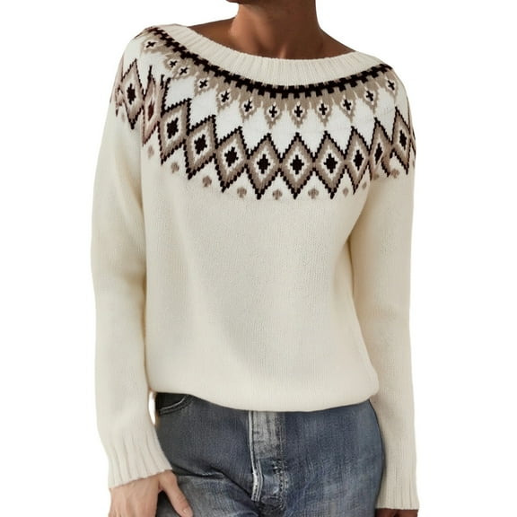 Fair Isle Sweater Women Casual Long Sleeve Crew Neck Fair Isle Knit Pullover Sweater Winter Loose Tunic Vintage Graphic Soft Women Sweaters White M