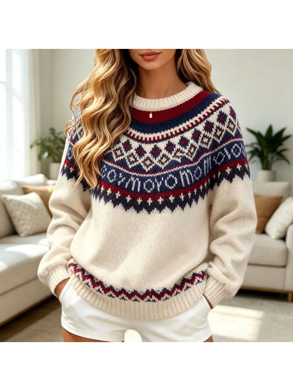 Fair Isle Sweater Women Christmas Sweaters Oversized Cozy Nordic Sweater Casual Long Sleeve Crewneck Knitted Pullover Sweater Jumper Tops Fall and Winter Outfits(01_Beige,S)