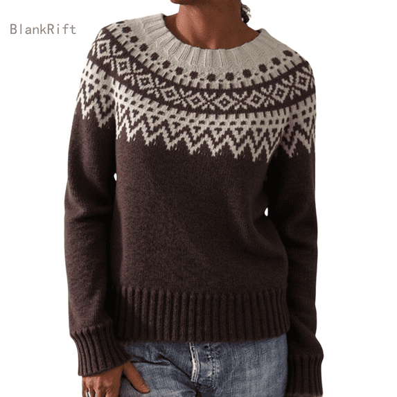 Fair Isle Sweater Women Crewneck Long Sleeve Warm Knit Pullover Sweaters Relaxed Fit Tops Casual Ladies Sweaters Coffee M