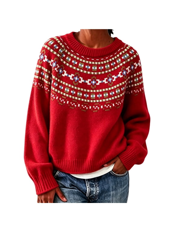 Fair Isle Sweater Women Cute Sweaters Vintage Cozy Winter Cute Fall Holiday Sweaters Trending Clothes Snowflake Fair Isle Sweater Plus Size Cable Knit Crew Neck Norwegian