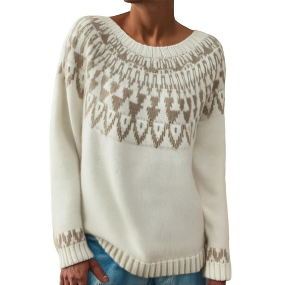 Fair Isle Sweater Women Fair Isle Knit Sweater Turtleneck Winter Intarsia Pattern Warm Striped Sweater Women Beige M