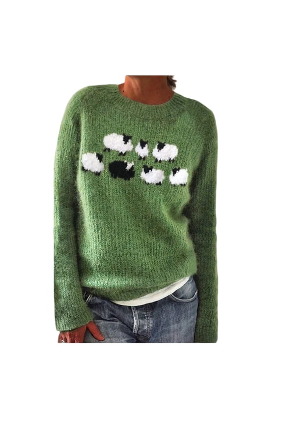 Fair Isle Sweater Women Fall Knitted Vintage Embroidered Sweaters Crewneck Stripes Long Sleeve Casual Boho TopsGreen L