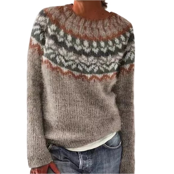 Fair Isle Sweater Women Fall Knitted Vintage Embroidered Sweaters Crewneck Stripes Long Sleeve Casual Boho TopsKhaki L
