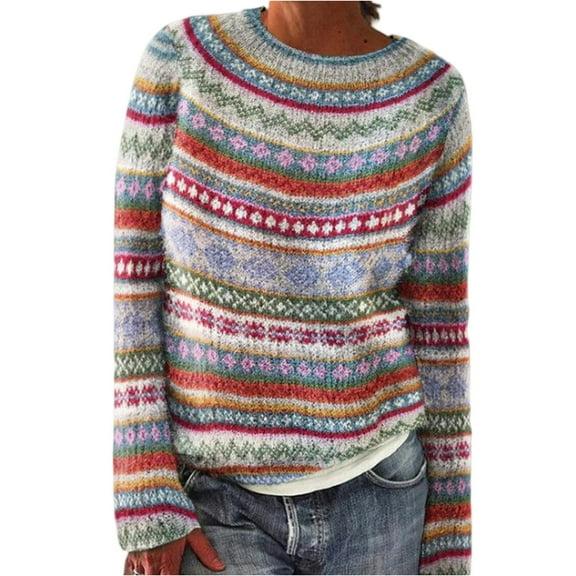 Fair Isle Sweater Women Fall Knitted Vintage Embroidered Sweaters Crewneck Stripes Long Sleeve Casual Boho TopsPink L