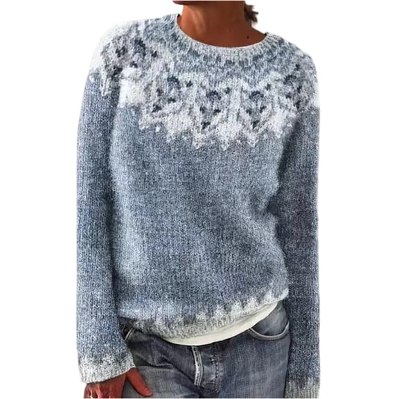 Fair Isle Sweater Women Fall Knitted Vintage Embroidered Sweaters Crewneck Stripes Long Sleeve Casual Boho TopsSky Blue L