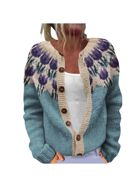 Fair Isle Sweater Women Fall And Winter Casual Colorful Knit Cardigan Halloween Sweaters for Women Long Sleeve Open Button Down Sweaters Button Up Crew Neck Coats Cardigans for Women Trendy,Blue,L