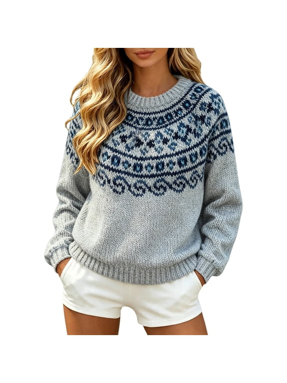 Fair Isle Sweater Women Holiday Sweaters Vintage Cute Fall Sweaters Embroidered Cozy Snowflake Cable Knit Winter Sweaters Christmas Sweater Plus Size Nordic Sweaters