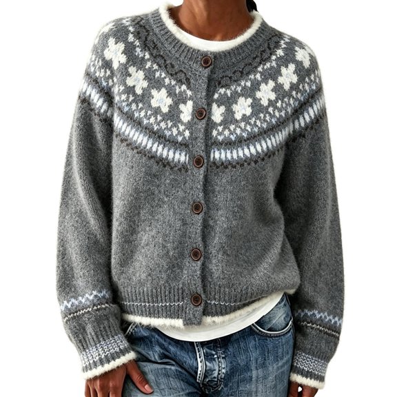 Fair Isle Sweater Women Icelandic‑Inspired Norwegian Sweater Women Nordic‑Style Knit Pullover Boho Embroidered Sweater Vintage Cardigans Casual Daily Fall Winter Wear for Ladies,Gray,3XL