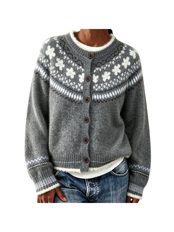 Fair Isle Sweater Women Icelandic‑Inspired Norwegian Sweater Women Nordic‑Style Knit Pullover Boho Embroidered Sweater Vintage Cardigans Casual Daily Fall Winter Wear for Ladies,Gray,3XL